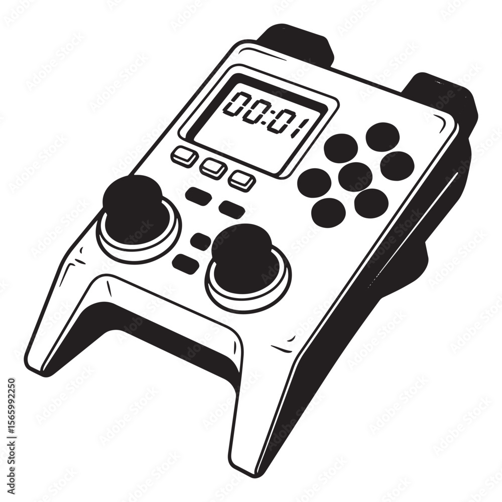 Poster Modern video game controller showing a time display and multiple button controls in outline format