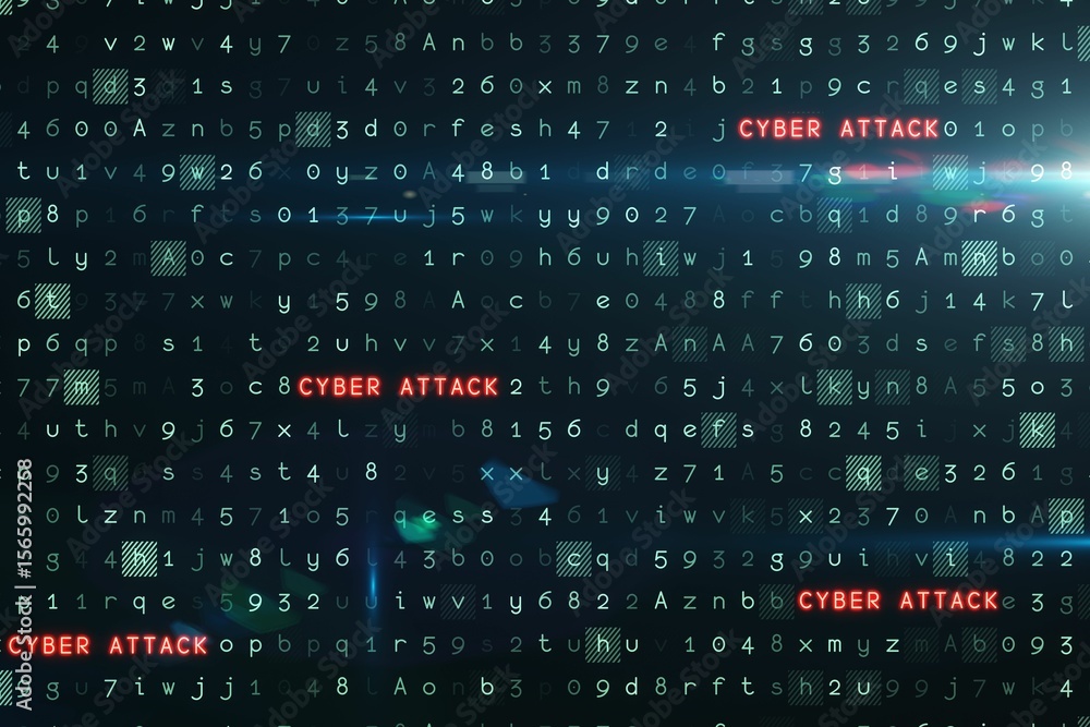 Poster red glowing 'cyber attack' text is flashing over flat digital code matrix, with glowing nodes