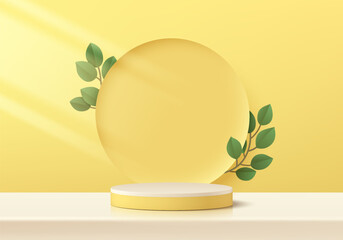 3D yellow cylindrical podium background with Branch, leaf, round backdrop. Minimalist mockup pedestal abstract stand product display presentation, Stage for showcase. Platforms vector geometric design