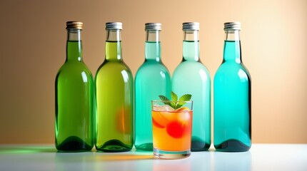 Colorful summer cocktail with ice and mint in front of a row of glass bottles at a bar