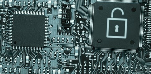 Digitally generated image of lock in circuit board