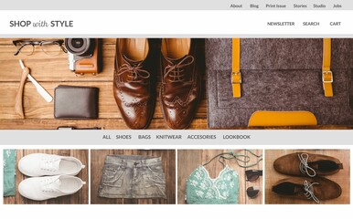 Flat design online shop is featuring men's flat-lay with glasses wallet shoes bag and thumbnail row