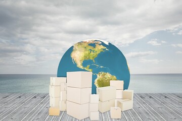 Illustration of boxes in front of globe