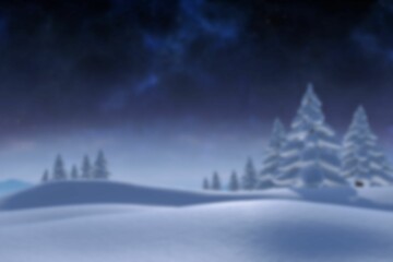 Flat design is showing rolling snow hills and cluster of snow-covered pine trees at night