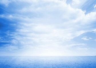 Obraz premium Open ocean is stretching toward horizon below cloud formations with sun rays, flat design