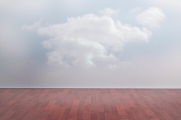 Lone white fluffy cloud is floating above polished wooden floor against pale wall in flat-design