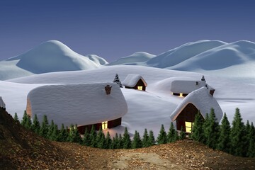 Digitally generated Cute village in the snow