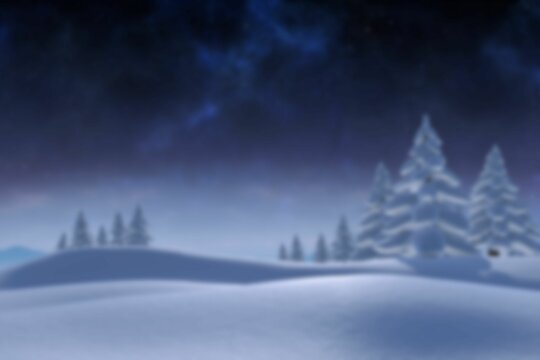 Fototapeta Flat design is showing rolling snow hills and cluster of snow-covered pine trees at night