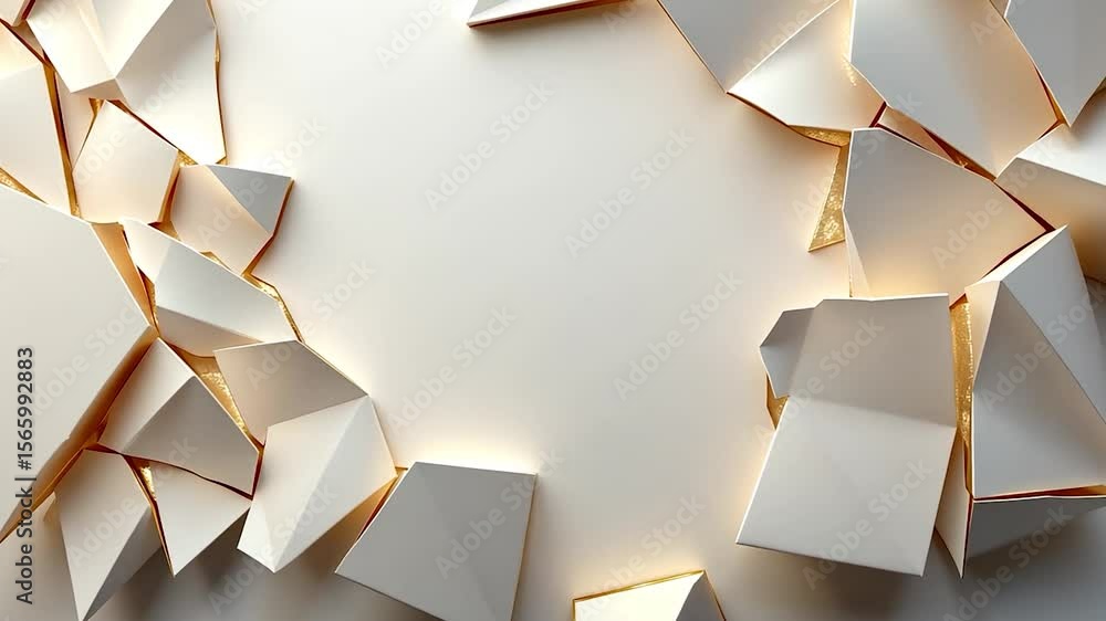 Poster close up geometric shapes in white and gold are arranged around a bright blank space, creating a mod