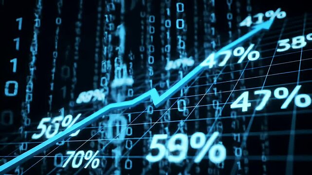 Abstract digital graph displaying growth trend over binary code backdrop