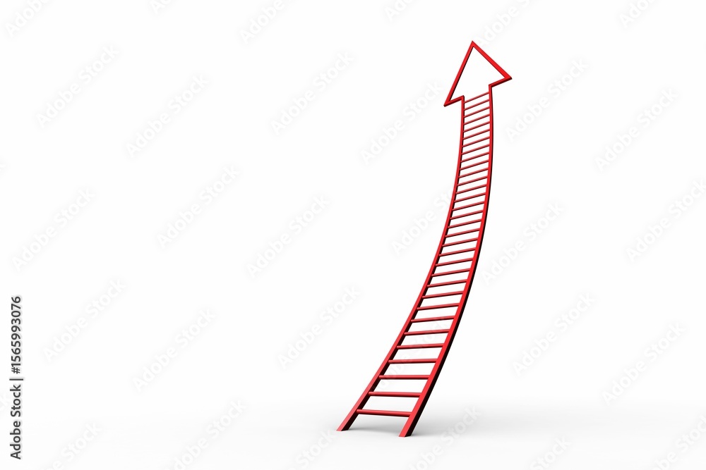 Poster 3d curved red ladder is morphing into upward arrow while rising on smooth white background