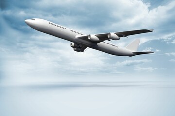 White commercial jet airliner is flying diagonally upward in flat design against bright blue sky