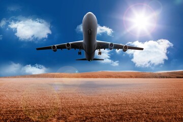 3D plane taking off over cornfield