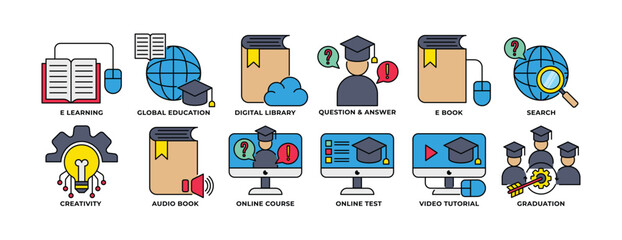 Icon Set of Education, E Learning, E Book, Global Education, Graduation, Q n A and more. Perfect for presentations, Website and app designs. Icon Outline with Color Style.