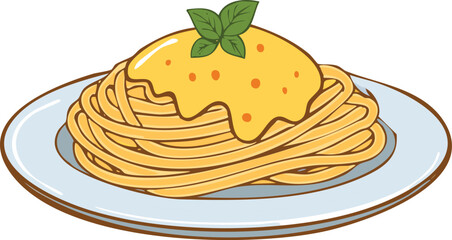 A plate of spaghetti pasta topped with creamy sauce and fresh basil leaves.