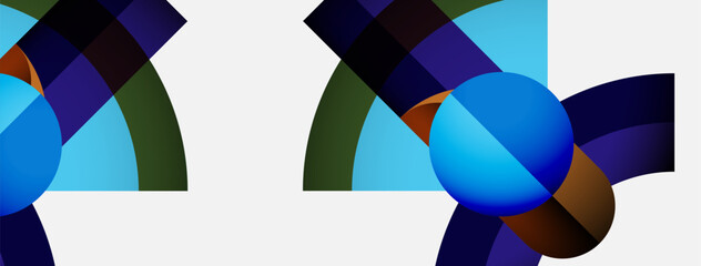 Obraz premium Abstract composition features colorful spheres, intersecting arcs, white background. Modern design, vibrant hues create dynamic visual effect.