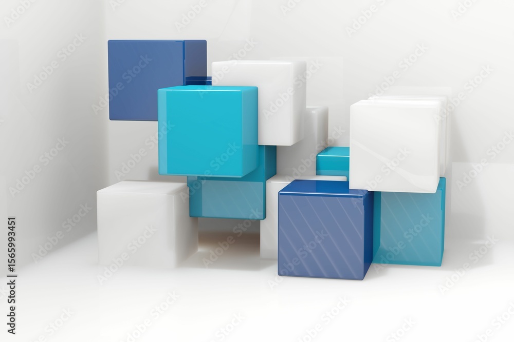 Poster 3d render cubes are creating depth in minimal studio corner, showing glossy and translucent hues