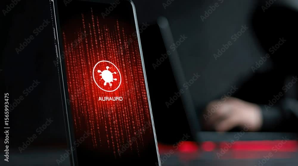 Poster smartphone virus attack with hacker in background cyber security threat
