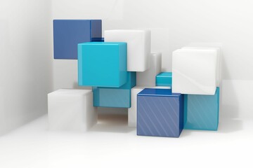 3D render cubes are creating depth in minimal studio corner, showing glossy and translucent hues
