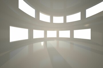 Minimalistic rotunda in flat style is featuring rows of windows casting light beams and shiny floor