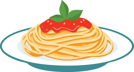 A vibrant illustration of spaghetti pasta topped with tomato sauce and basil.