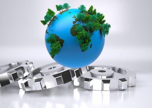 Fototapeta Stylized Earth globe is floating above white surface, showing green trees and silver gears