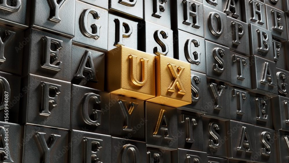 Poster word ux with movable type printing.close up of movable type printing,business concept.3d rendering o