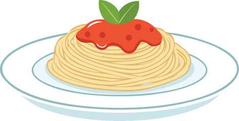 A plate of spaghetti topped with tomato sauce and basil leaves, presented as a cartoon illustration.