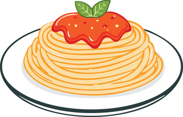A plate of spaghetti topped with a generous amount of tomato sauce and fresh basil leaves.