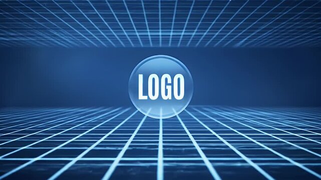 Abstract grid background with blue lines and central logo