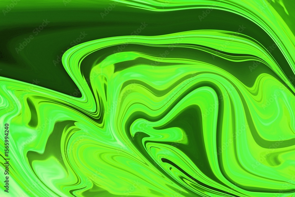 Poster abstract green swirl pattern is flowing across frame, showing neon wave shapes in flat design