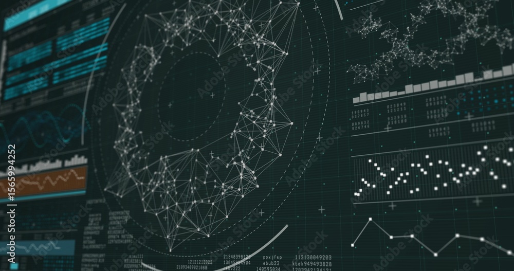 Poster dark flat design dashboard is displaying circular network graph, line and bar charts, scatter plots