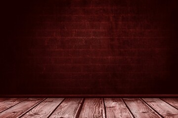 Showing empty studio interior in flat design, featuring dark red brick wall and wood floor