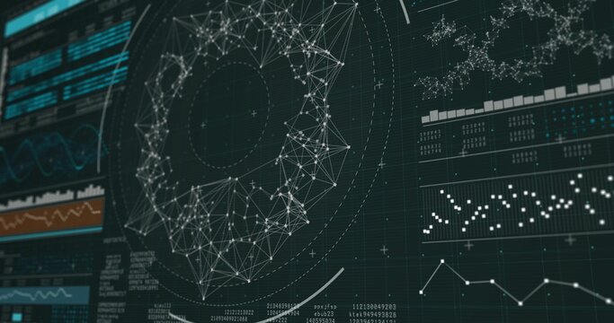Dark flat design dashboard is displaying circular network graph, line and bar charts, scatter plots