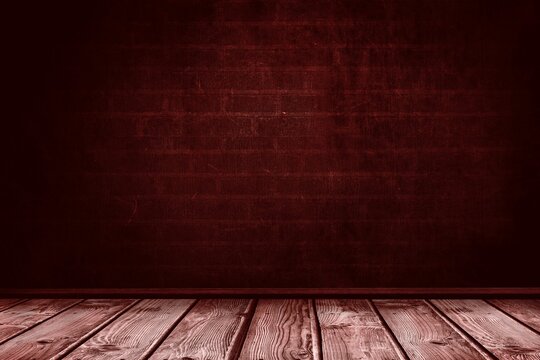 Fototapeta Showing empty studio interior in flat design, featuring dark red brick wall and wood floor