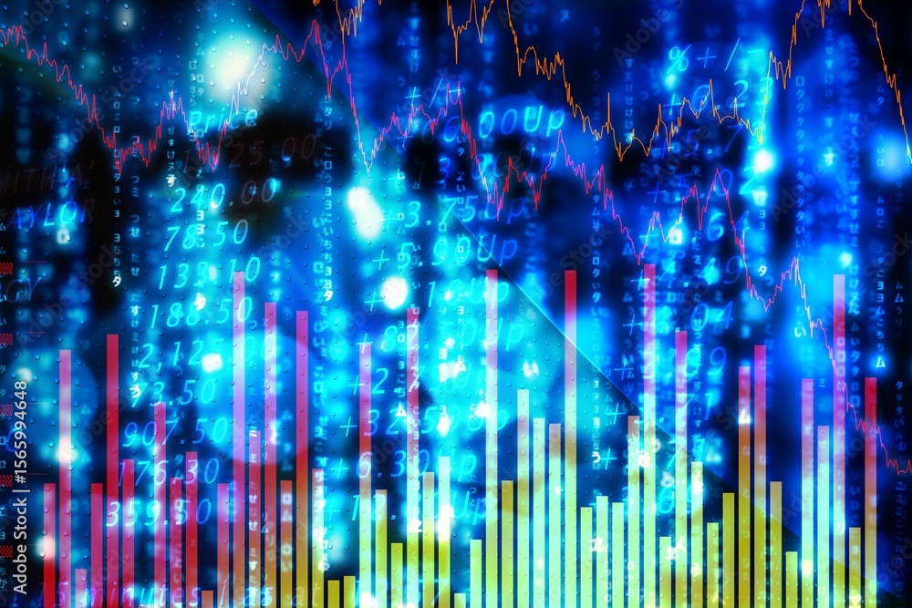 Poster flat design finance dashboard is showing streaming numeric codes, red yellow bars, neon line graphs