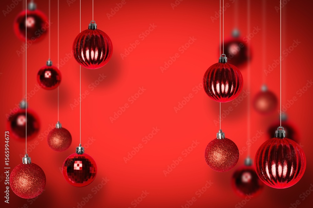 Poster red christmas baubles hanging from silver strings in flat design against red gradient backdrop