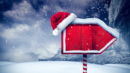 Flat red arrow sign is leaning on candy cane pole with falling snowflakes, wearing Santa hat