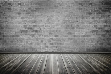 Flat design empty studio room showing weathered grey brick wall and dark wooden plank floor
