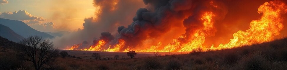 Raging Wildfire Intense Flames and Smoke Billow Across Dry Brush, A Powerful Image of Natures Destructive Force