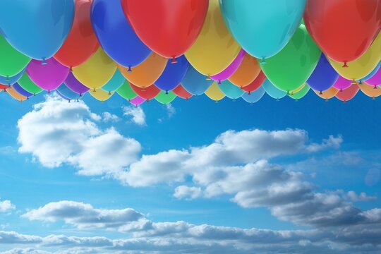 Fototapeta Flat design illustration is showing multicolored helium balloons spanning top over blue sky clouds