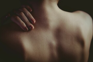 Obraz premium female upper back is showing in dimly lit flat design, hand with dark red nails