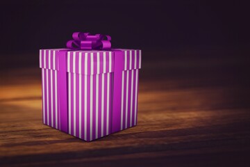Purple-striped gift box topped with curled bow is sitting on wooden surface in 3D render