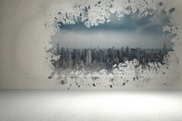 Flat design showing textured grey wall with irregular splatter opening revealing city skyline