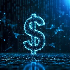 dollar symbol in the sky, Futuristic digital dollar sign made of blue glowing particles