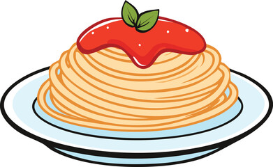 A plate of cooked spaghetti topped with tomato sauce and basil.