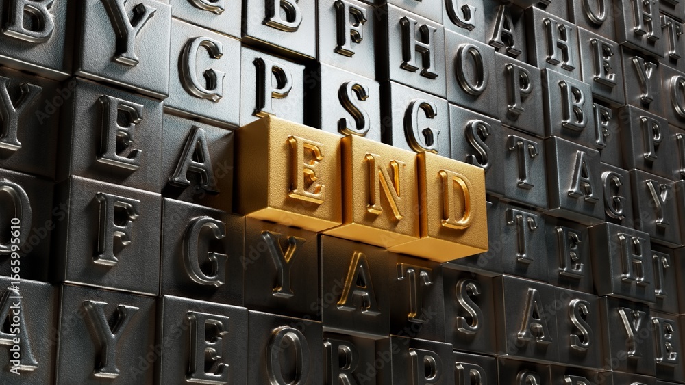 Poster end.Movable type printing spelling.Flat lay view from above on Movable type printing buttons.IT technology concept.3D rendering on gold background.