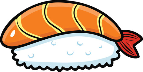 Cartoon illustration of a single piece of salmon sushi, ready to eat.
