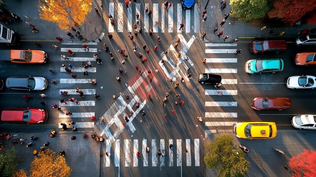 High-angle shot of people walking on a zebra crossing between lines of cars in autumn light. City street scene showcases pedestrian traffic amidst fall foliage, bathed in golden sunlight