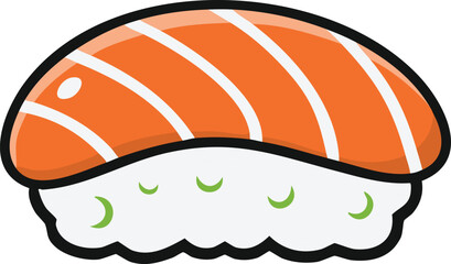 A cartoon style illustration of a salmon nigiri sushi piece, with rice and seaweed.